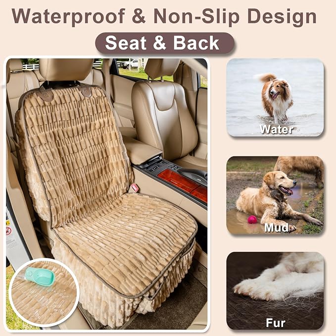 Dog Car Seat Cover Front Seat, Soft Plush Waterproof Protector,Tan | Non-Slip Backing, Side Flaps, Full Coverage, Hair, Dirt & Scratch Defense, Machine Washable, Fits Cars, SUVs & Trucks