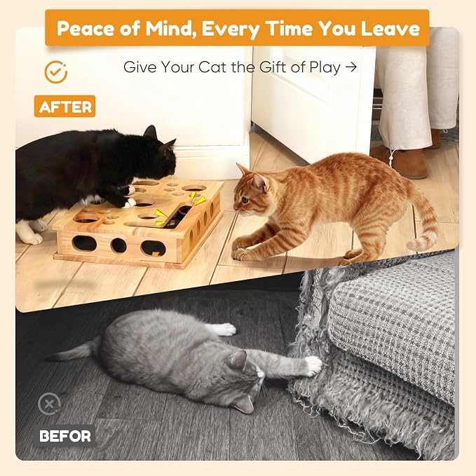 【Large&Thicken Oak 】Cat Nail File Scratcher Puzzle Box,High-Density Furniture Grade Oak,Porous Design,Stimulate Cat Exploratory &Slow Down Eat Speed;Built In Frosted Paper,Polish Their Nail While Play