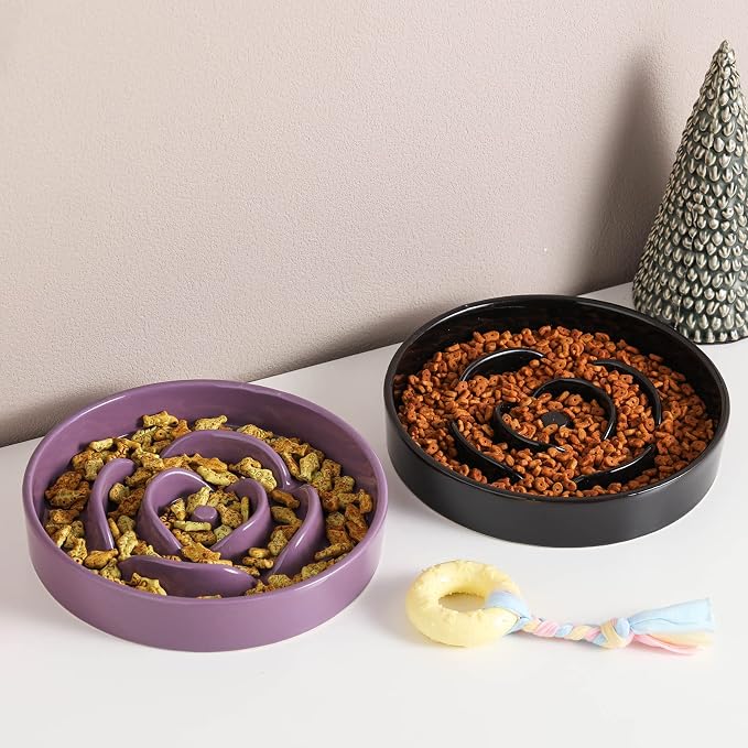 8.66 in Black Ceramic Dog Bowl Slow Feeder for Medium and Large Breed Dogs, Anti-Choking and Slowing Down Eating Time, Heavy Weighted Non-Slip Base