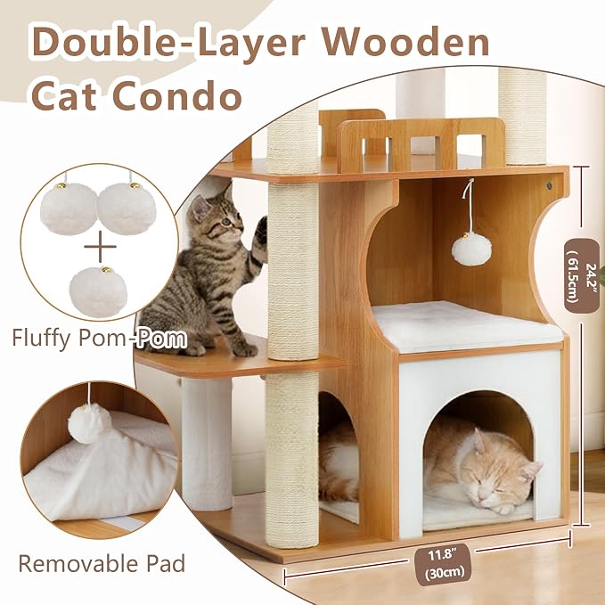 Gitelsnour Modern Cat Tree Tower, 2-Layer Condo & Perch, Big Hammock 102WB | 70.9''Wooden Cat Tower House Large Platform with Safe Guardrail for Indoor Cats Adult, All Sisal Scratching Post, Walnut
