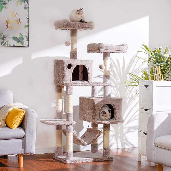Hey-brother Cat Tree Tower with Sisal Scratching Posts, Big Condo, MPJ020MU | 53.7 Inches Multi-Level Cat House with 2 Bigger Plush Condos, 2 Platforms, Hammock, Toy Balls for Indoor Cats, Muchroom