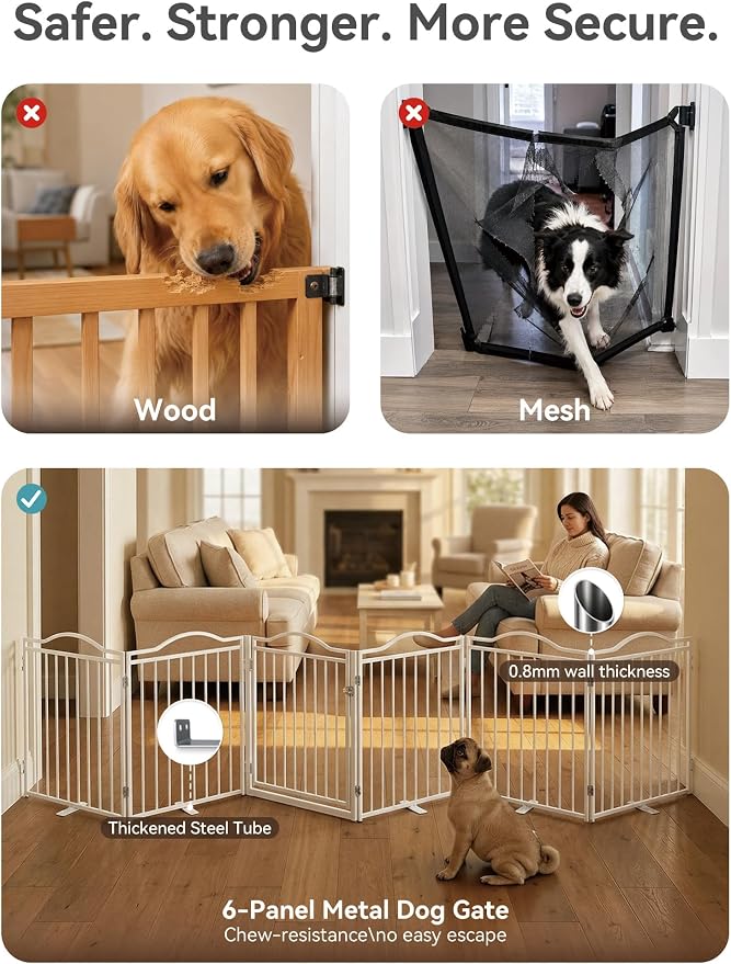 No Pawblems Full Metal Free Standing Dog Gate with Door, 30'' Tall | Foldable Freestanding Pet Gate for Indoor & Outdoor, Up to 156 Inch Extra Wide Dog Fence for Doorways, Stairs, Deck - White
