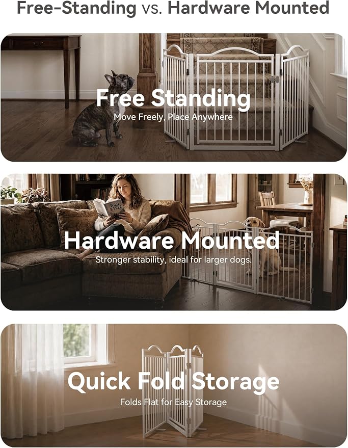 No Pawblems Full Metal Free Standing Dog Gate with Door, 30'' Tall | Foldable Freestanding Pet Gate for Indoor & Outdoor, Up to 78 Inch Extra Wide Dog Fence for Doorways, Stairs, Deck - White
