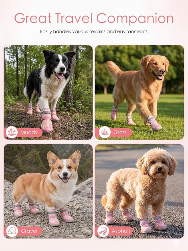 BECEMURU Dog Shoes for Summer, Double-Straps Anti-Slip Dog Boots & Paw Protectors for Hot Pavement, Breathable & Light Weight Outdoor Walking Hiking Pink Size 4