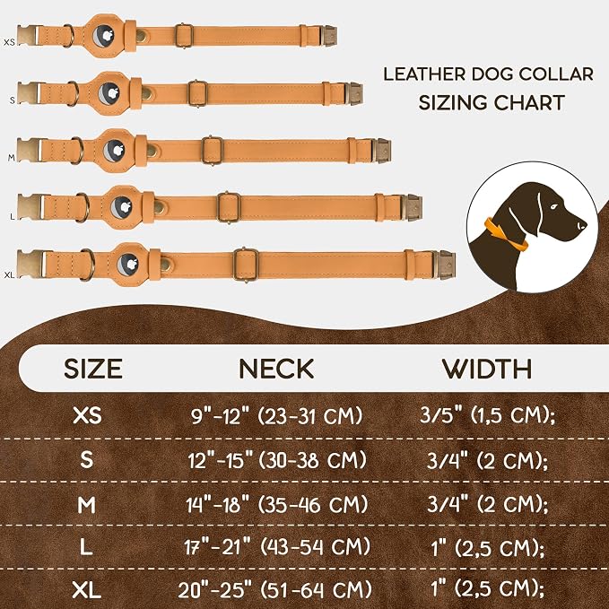 AirTag Dog Collar - Genuine Leather Dog Collar with Apple AirTag Holder and Metal Buckle - Smart GPS Tracking Pet Collars (Light Brown, S, 12"-15" Neck Fit)