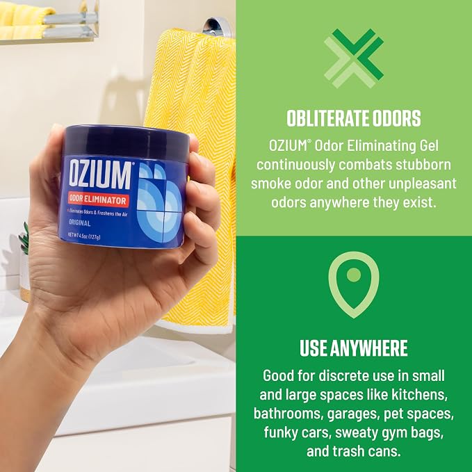 Ozium 4.5 Oz. Odor Eliminating Gel, Air Freshener Alternative | For Smoke, Pets, and Musty Odors, Long Lasting Odor Remover for Cars, Homes, Closets and Small Spaces, Country Fresh, 4 Pack