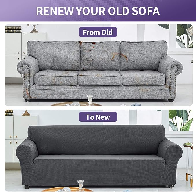 Joccun Stretch Couch Cover Slipcovers, 1-Piece Sofa Covers for 3 Cushion Couch Spandex Jacquard Washable Furniture Protector Cover for Living Room,Kids,Pets(Large 78''-94'',Charcoal)