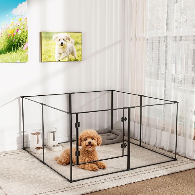 Acrylic Dog playpen Indoor: Clear Puppy Pen for Small Medium Dogs Cats with Metal Frame - 8panels 24inch Tall Transparent pet Fence with Door for Rabbits Guinea Pig