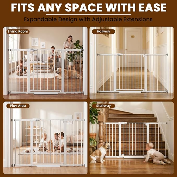 Mumeasy 29.7-54.2" Baby Gate for Stairs, Pressure Mounted Dog Gate for Doorways, Extra Wide Walk Thru Safety Pet Gate for Doors with Auto Close, Easy Install Child Gate for Hallway Indoor House, White