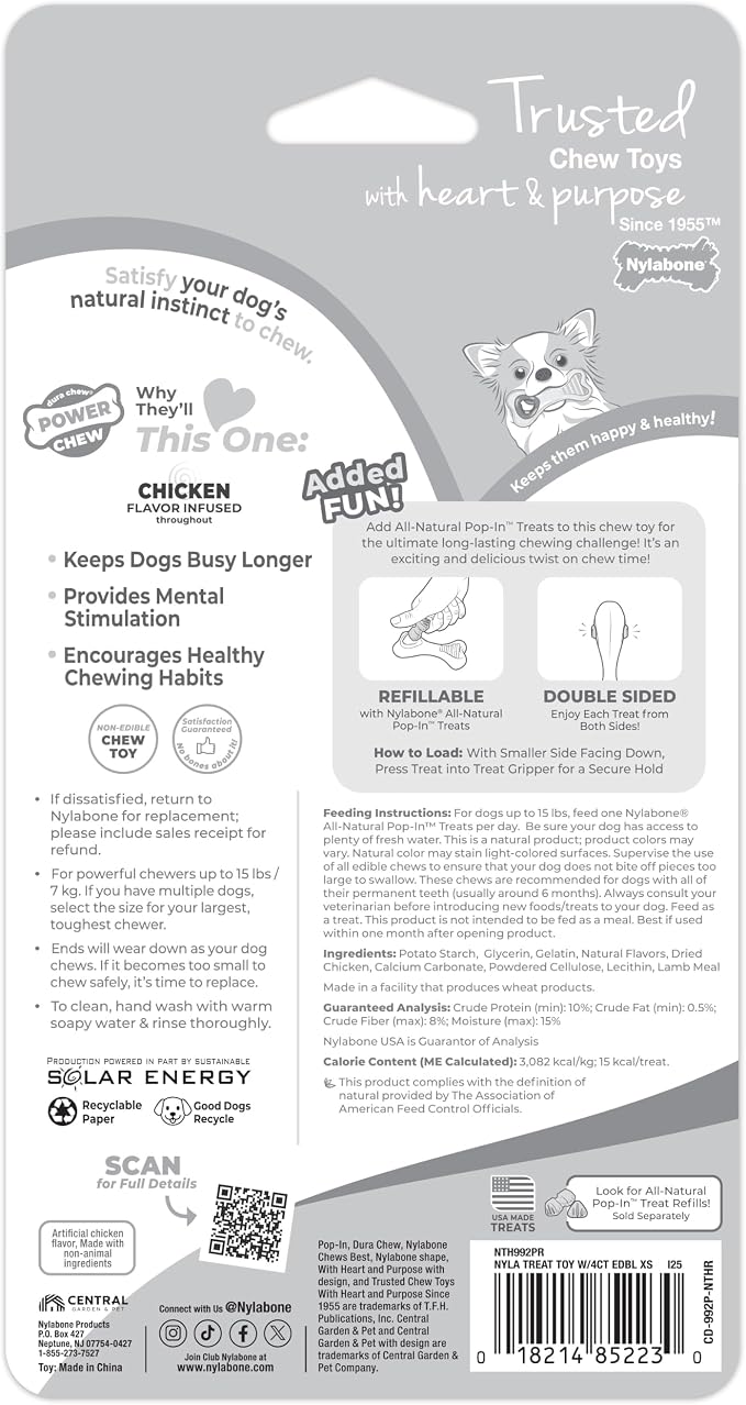 Nylabone Power Chew Knuckle Bone & Pop-In Dog Treat Toy, X-Small | Chicken flavor, includes 4 natural treats, dog enrichment, interactive dog toys to keep them busy, for dogs up to 15 lbs