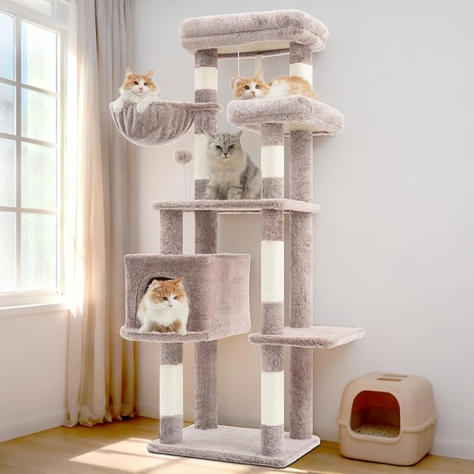 Gitelsnour 55.1'' Cat Tree Tower for Indoor Cats, Large Platform, CCT013MU | 7 Sisal Scratching Posts, Multi-level Cat Condo Cat Cave, 2 Padded Perches, Basket, Furry Ball, Toy, Mushroom