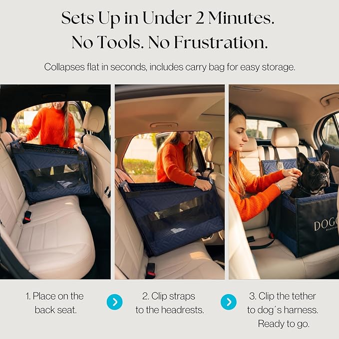 Dog Car Seat for Small & Medium Dogs up to 35 lbs – Hard Bottom Booster with Safety Tether, Non-Slip Waterproof Oxford Fabric, Storage Pockets, Fits Cars, SUVs & Trucks (Blue, Up to 35 lbs)