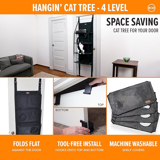 K&H Door Cat Tree, Over the Door Cat Furniture - Gray, Fits Doors <80in H
