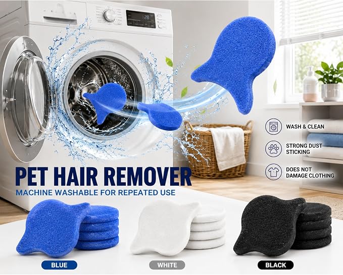 Pet Hair Remover for Laundry, 6 Reusable Laundry Sponges + Tearable Lint Roller, Pet Hair Remover for Clothes, Bedding, Furniture, Sofa, Car Seats, Dog & Cat Hair Remover