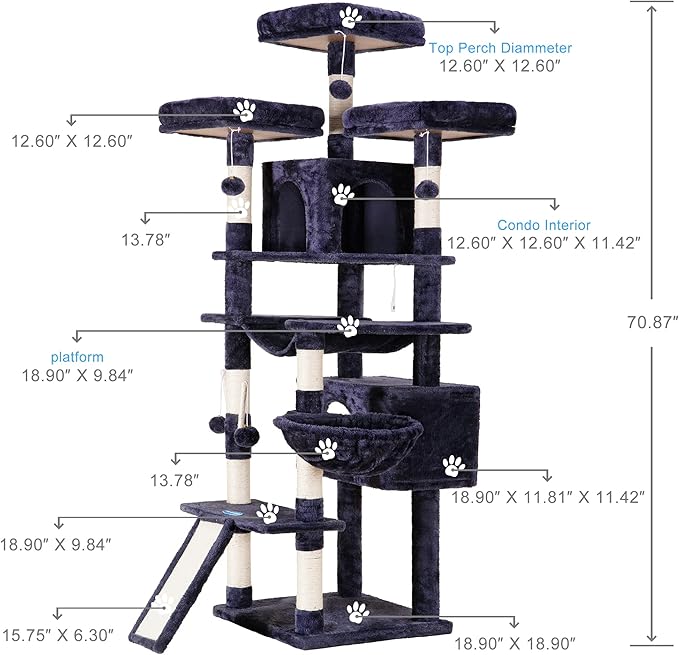 Hey-brother Cat Tree Tower with Stable Multi-Level Padded Perches, MPJ034G | 71 Inches Large Cat House with 3 Platforms, Basket, 2 Cozy Condos, Scratching Posts, Toys Ball for Indoor Cats, Smoky Gray
