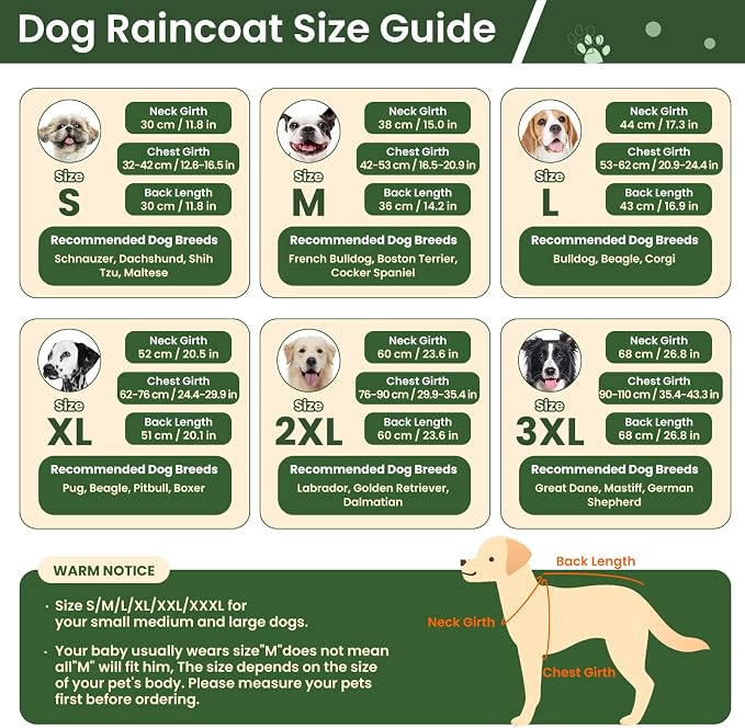BRKURLEG Dog Raincoat, Waterproof Rain Jacket with Hood, Green, XXXL | Adjustable Windproof Rainproof Jacket with Leash Hole, Reflective Breathable Rain Coat Poncho, for Small to Large Dogs