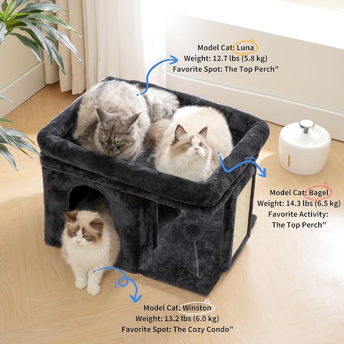 Heybly Cat Tree, 14" Cat Tower with Large Cat Bed & Condo HCT203SG | Cat Furniture for Indoor Cats Large Adult, Cat House with Scratching Posts and Spring Balls for Kittens, Smoky Gray