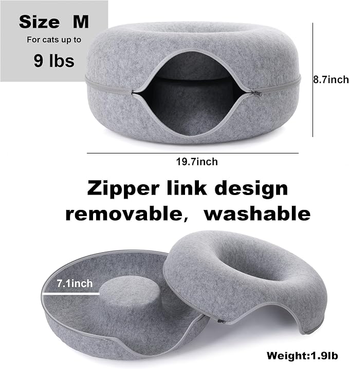 Cat Tunnel Bed for Indoor Cats with 3 Toys, Scratch Resistant Donut Cat Bed, Up to 9 Lbs (M 20x20x9, Light Grey)
