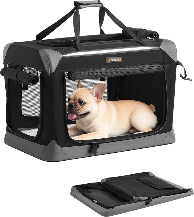Feandrea Collapsible Dog Crate, Portable Oxford Fabric Pet Travel Crate with 4 Mesh Doors, Handles, Pocket, 24 Inches, for Small Dogs, Ink Black and Dove Gray UPDC026BH01