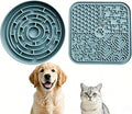 Dog Cat Lick Mat and Slow Feeder Bowl Set, Thickened Food Grade Silicone with Strong Suction Cups, Anxiety Relief Calming Lick Pad for Bathing Grooming Training (Blue)