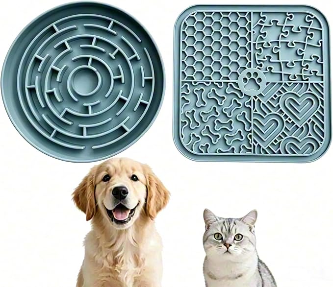 Dog Cat Lick Mat and Slow Feeder Bowl Set, Thickened Food Grade Silicone with Strong Suction Cups, Anxiety Relief Calming Lick Pad for Bathing Grooming Training (Blue)