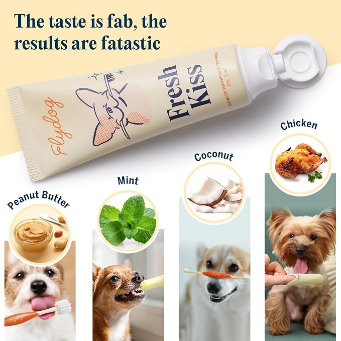 Flydog Fresh Kiss Dog Tooth Brushing Kit, Enzymatic Dog Toothbrush and Toothpaste- Vet Approved Formula, Breath Freshener & Tartar Remover, 360° Toothbrush for All Round Cleaning (Mild Mint)
