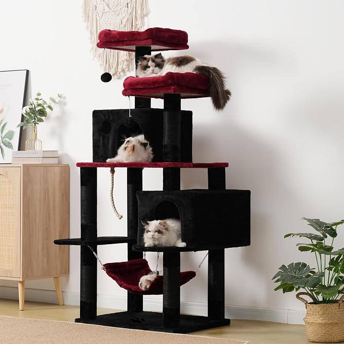Hey-brother Cat Tree Tower with Sisal Scratching Posts, Big Condo, MPJ020BR | 53.7 Inches Multi-Level Cat House with 2 Bigger Plush Condos, 2 Platforms, Hammock, Toy Balls for Indoor Cats, Black and Red