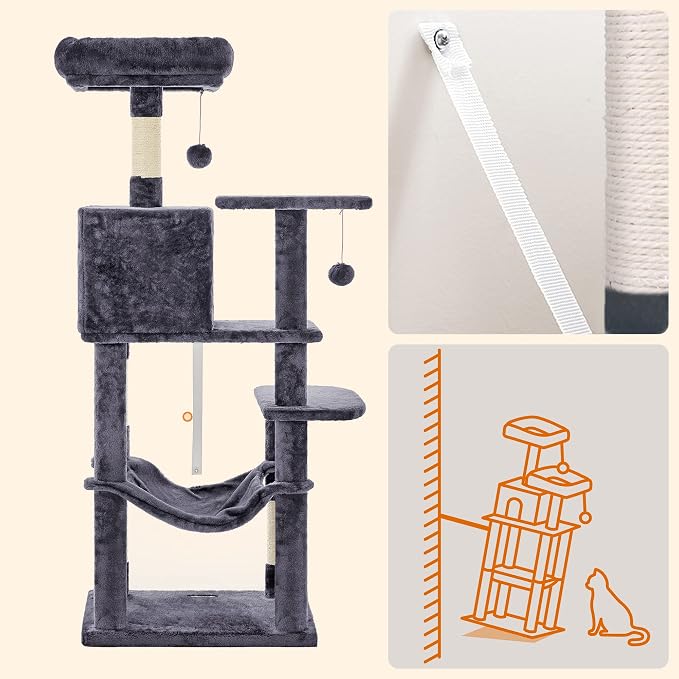 Feandrea Cat Tree, 54.2-Inch Cat Tower, Plush Multi-Level Condo with 4 Scratching Posts, 2 Perches, Hammock, Cave, Smoky Gray UPCT161G01