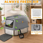 Stainless Steel Cat Litter Box with Lid, XL Enclosed Metal Litter Box for Indoor Cats, Odor Control Covered Cat Litter Box with High Sides, Litter Mat and Scoop Included, Grey