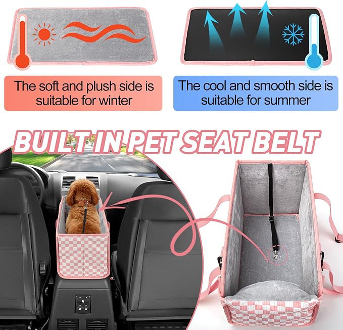 Console Dog Car Seat for Small Dogs, Foldable Booster Pink | Portable Booster Seat Sits On Car Console/Armrest. Foldable For Easy Storage. Pink Design, Easy To Clean.