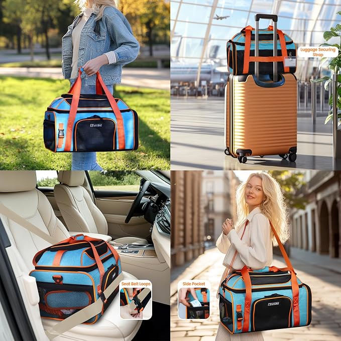 Petskd Top-Expandable Pet Carrier 19"x13"x9" Airline Approved, Blue | for Southwest Allegiant Airlines, Lockable Safety Zippers and Anti-Scratch Mesh, Pets Under 12 Lbs