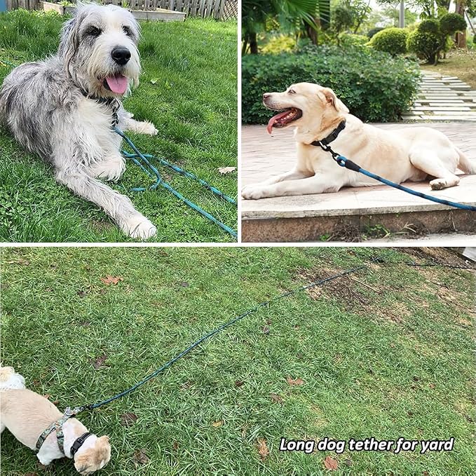 BTINESFUL Dog Tie Out Long Tether Rope Dog Lead for Yard 8/12/20/30/50/75ft | Large Medium Dogs Outdoor Training, Playing, Camping, or Backyard (12 Foot, Blue Black)