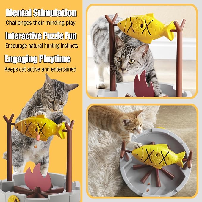 PetPals Cat Slow Feeder Treat Dispenser Interactive Cat Puzzle Fish Toy | Dry Food Dispensing Cat Toy for Small Pets & Kittens, Mental Stimulation Cat Feeding Toy Campfire Theme BBQ Fish Cat Toy