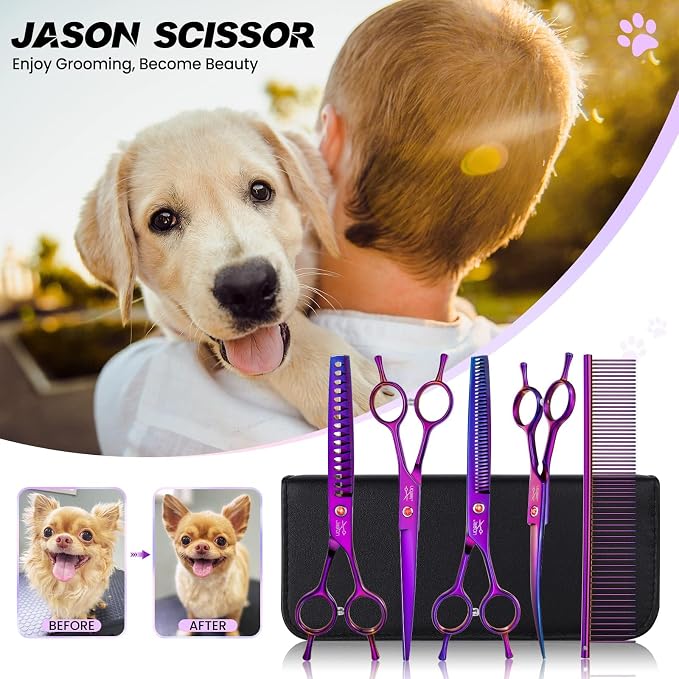 JASON Dog Grooming Scissors Set - 7 in 1 Professional Pet Sharp Shears Kit | Straight, Thinning, Chunker, Curved Shears and Comb for Long Short Hair for Dog Cat Pet, Gift