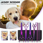 JASON Dog Grooming Scissors Set - 7 in 1 Professional Pet Sharp Shears Kit | Straight, Thinning, Chunker, Curved Shears and Comb for Long Short Hair for Dog Cat Pet, Gift