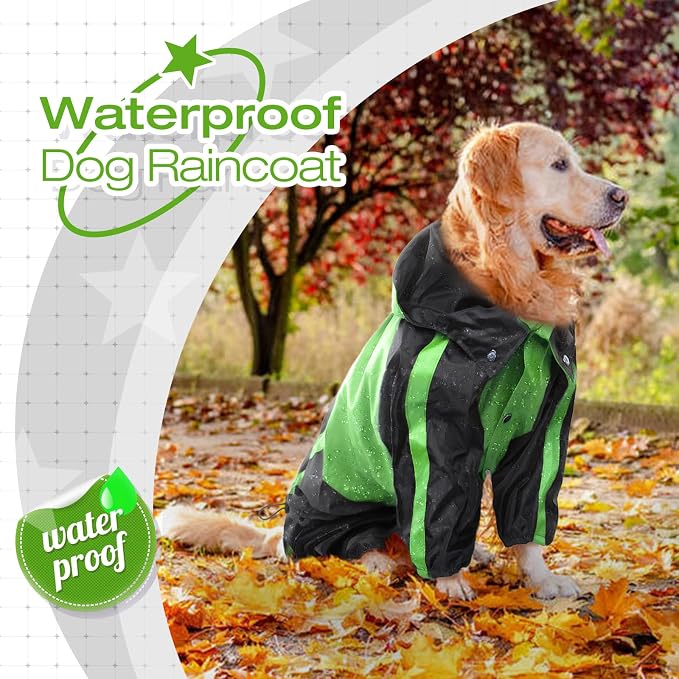 Dog Raincoat, 4 Leg Waterproof Dog Rain Jacket with Hood, Green XL | Rain Coat For Small Dogs, Doggy Poncho With Leash Hole, Snap Buttons, For Rainy Snowy Weather Walks, Hiking, Camping