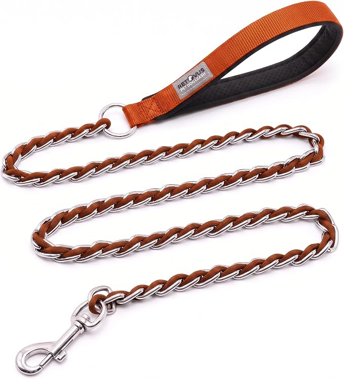 S-ETOVUS-Chain Dog Leash, Bite-Proof Metal Leash, with Padded Handle | Three Sizes 7.25FT/5.2FT/4FT, Woven From Nylon Rope And Chain, Durable And Bite-Resistant, Comfortable With Padded Handles.