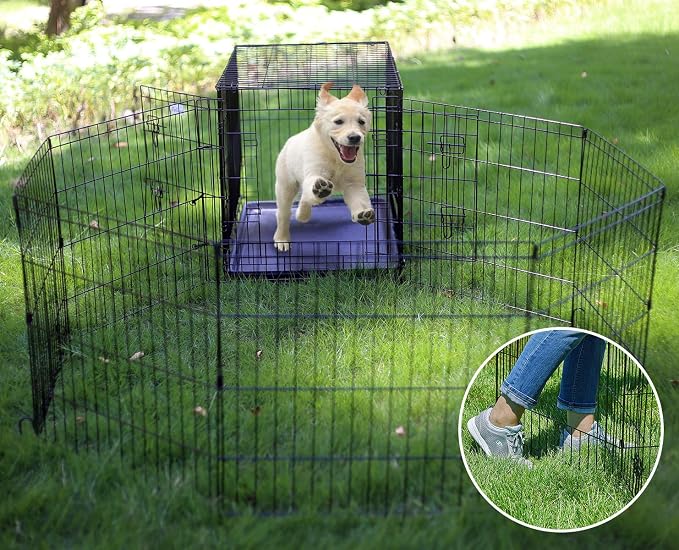 Puppy Pet Playpen 8 Panel 24 Inch Indoor Outdoor Metal Portable Folding Animal Exercise Dog Fence Ideal for Pet Animals Dog Cat Rabbit Breed Puppy (24" x 24" x 8) | Rustproof 8-panel metal playpen with door folds flat, sets up tool-free, and forms mult...
