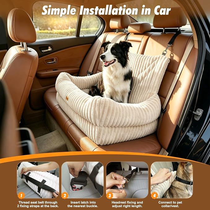 Pawaboo Dog Car Seat Bed, Memory Foam Booster for Medium/Large Dogs, Beige | Rear-seat pet travel bed with washable cover, safety leashes, thick cushion, and room for 2 small dogs