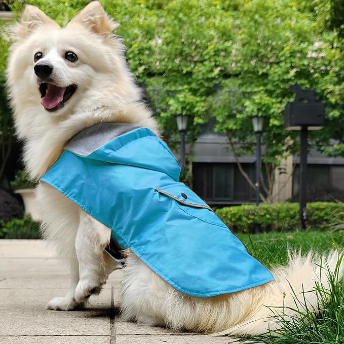 Dog Raincoat Dogs Rain Jacket Reflective Poncho Rainwear Waterproof Pet Clothes Breathable Lined Pocket Hooded Leash Hole Adjustable Medium Dogs,Blue,XXXL,Back Length 20.0 Inch
