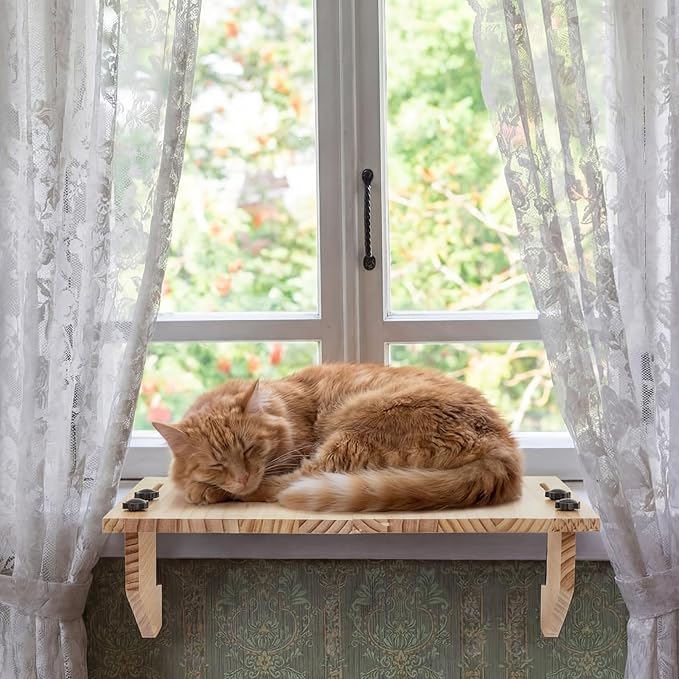Double-layer Window Sill Extender Plant Shelf, 20+21 Inch Detachable Adjustable Window Sill Extender Shelf Stand for Plants Cat Perch, Renter Friendly No Drilling/Damage (Natural Wood Color)