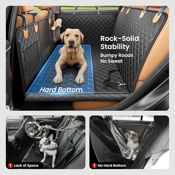 REEVAA Dog Car Seat Cover for Back Seat, Hard Bottom, L, Black+Orange | 450 lbs Extender, 45% More Space for 2-4 Large Dogs, Waterproof, Zippered Mesh Window, Fits for SUV Medium Truck