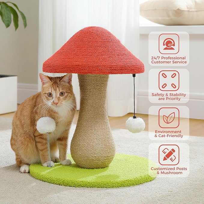 PETEPELA Mushroom Cat Scratching Post, Cat Scratcher Cute with 100% Sisal Covered Scratching Post & Pompoms Toy, Mushroom Cat Post for Indoor Cats | Wide weighted base stays steady; 17.7" post for kittens & small cats; 100% sisal scratching surface; po...