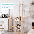 Hey-brother Wooden Cat Tree Tower with Hammock for Indoor Cats, MPJ120WB | 66.14 Inches Modern Scratching Post with Large Condo, Plush Top Platform, Cozy Basket, Bed, Hanging Toys, Walnut