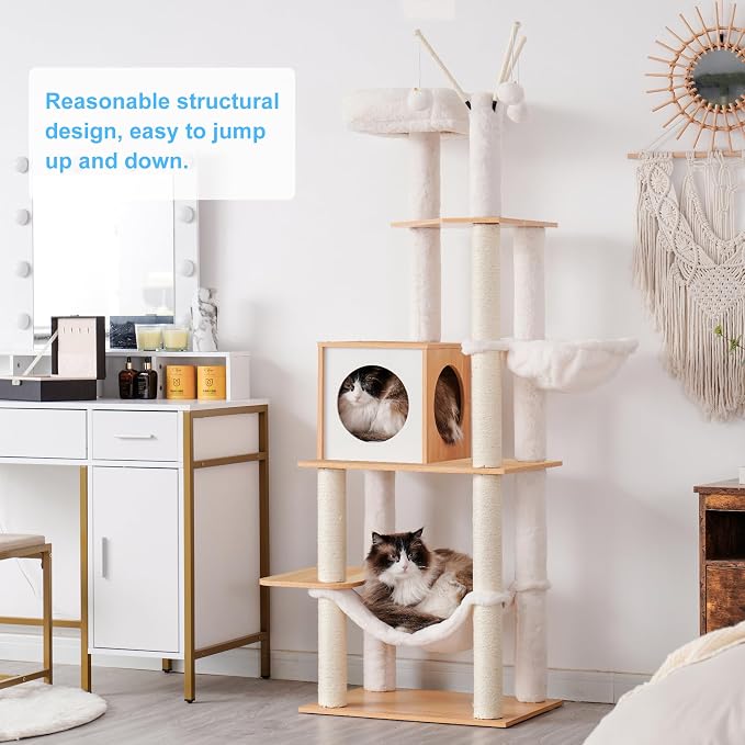 Hey-brother Wooden Cat Tree Tower with Hammock for Indoor Cats, MPJ120WB | 66.14 Inches Modern Scratching Post with Large Condo, Plush Top Platform, Cozy Basket, Bed, Hanging Toys, Walnut