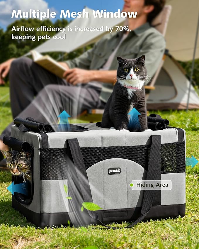 Pecute Cat Carrier, Soft Double Pet Crate for 2 Cats Travel, Gray | Anti-Collapse Steel Frame, Convertible Dual Space, Foldable, Polyester Breathable mesh, Up to 26 lbs, Car Travel & Vet Visits