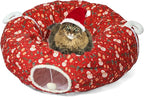 Cat Tunnel Bed in 3FT x 3FT x 9.8IN - Decorative Christmas Style with Snowman and Glove Patterns - Red Color Perfect for Festive Felines