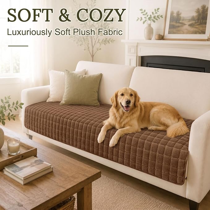 Smiry Velvet Couch Cover for Dogs, Non Slip Soft Sofa Protector for Pets | Washable Sofa Cover for Cats, Cozy Furniture Protector Against Pet Hair, Scratches, Fits Sectional Sofa(Brown, 36"x94.5")
