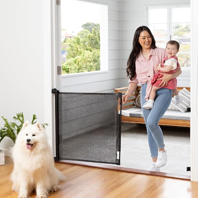 Retractable Baby Gate Perma Child Safety 33" Tall x 71” Wide, Mesh, for Stairs, Doorways, Dogs, Pets, Indoor, Outdoor, One-Handed Operation, Locking, Easy Install, Hardware Mount, Black