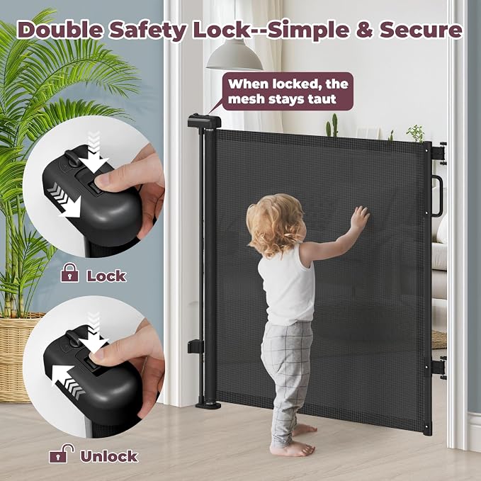 42" Extra Tall Retractable Baby Gates, 76" Wide Dog Gate for Stairs | Mesh Gate Indoor Outdoor for Doorways Deck Kitchen, Long Safety Gate for Child Toddler, Prevent Pet from Jumping Over, Black
